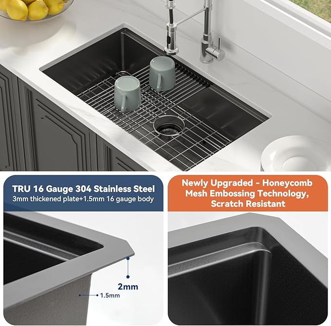Lordear 33 Black Kitchen Sink Undermount Honeycomb Nano Finish 16 Gauge T304 Stainless Steel Single Bowl Workstation Sink with Cutting Boards Handmade