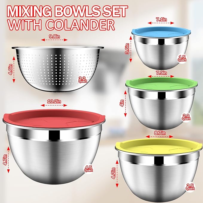 Mixing Bowls with Strainer, Mixing Bowl with Lids Set, Stainless Steel Mixing Bowls, Kitchen Gadgets 2025 Salad Bowls with Strainer for Mixing & Preping & Baking, Multicolor
