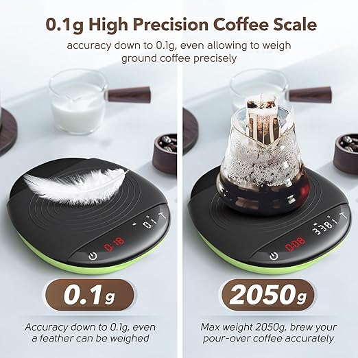 Mini Coffee Scale with Timer - Digital Espresso Scale 2kg/0.1g Accuracy Pour Over Coffee Rechargeable Down to 0.1g High Precision for Kitchen Food Weighing Measuring Baking Green