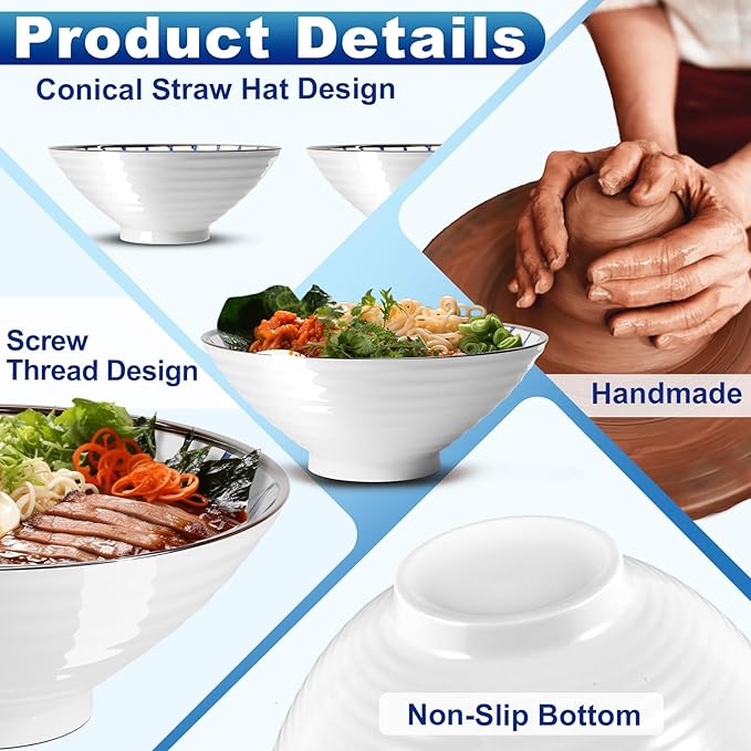 8-Inch Large Ceramic Ramen Bowl Set of 2 (9 Piece) - Microwave & Dishwasher Safe Porcelain Japanese Salad Noodles Cereal Fruit Pasta Soup Bowls with Recipes Chopsticks Forks Spoons for Men Women Gift