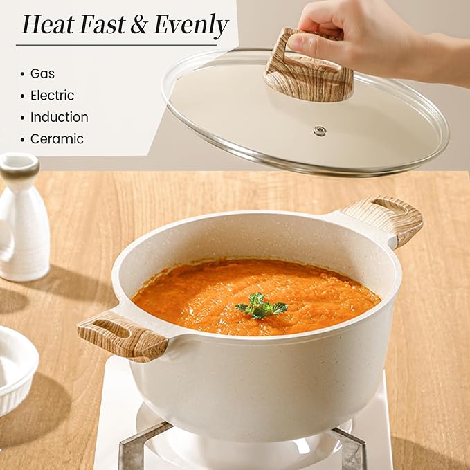 Pots and Pans Set, White Nonstick Induction Cookware Sets with Stay-Cool Handles, Kitchen Pan Sets for Cooking with Saucepan & Frying Pans & Crepe Pan, PFOS and PFOA Free