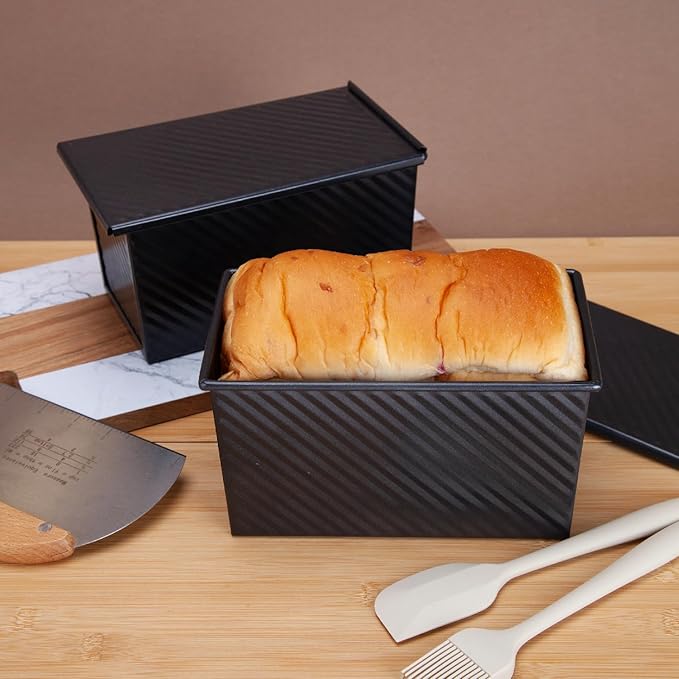 CARTMAN Bread Loaf Pan 2 Pack, 9x4 Pullman Loaf Pan with lid and a Silicone Spatula and Basting Pastry Brush, 1 lb Dough Capacity,Non-Stick Carbon Steel bread pans for homemade bread
