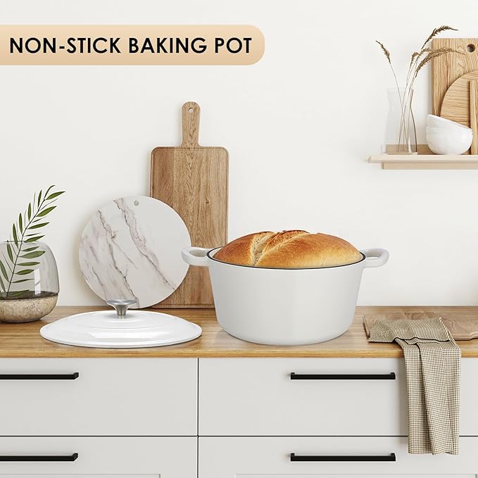 LIFERUN 6 Qt Enameled Cast Iron Dutch Oven Pot with Lid，Oven Safe up to 500° F, Heavy-Duty Non-Stick Dutch Oven with Dual Handles for Bread Baking, Fry Foods, Braising, Stews, Roasting (White)