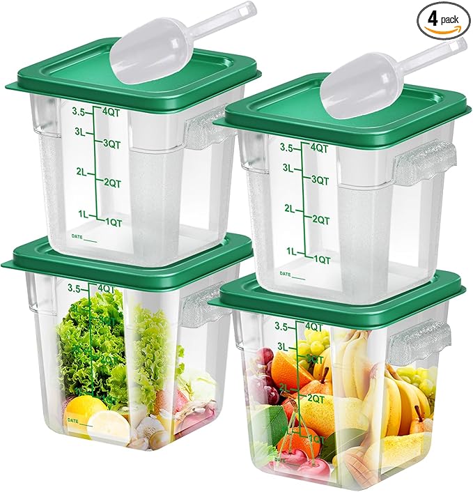 4 pcs 4qt Food Storage Containers with Lid, Square Clear Commercial Food Storage Containers with Handle and Scale for Food Storage in Home Kitchen & Dining (Green)