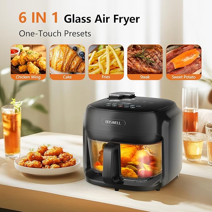 BOSWELL Steam Glass Air Fryer, 7.5QT Borosilicate Bowl with Circulating Heat, Digital Touchscreen, 400°F Max Temp, Oil-Free Fryer with Mist Function, Dishwasher Safe (Black)