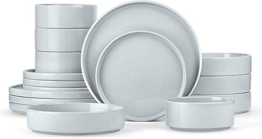 Herogo Stoneware Dinnerware Set with Salad Bowls, Kitchen Dinner Dish Set for 4, 16 Piece Plates and Cereal Pasta Bowls, Chip & Scratch Resistant Dishware, Speckled Light Gray