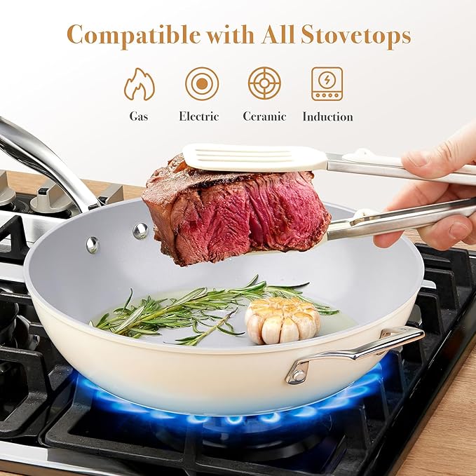 PekGema Ceramic Cookware Set Nonstick, 16 Pcs Pots and Pans Set Non Toxic, Oven Safe, Induction Cookware, Cooking Set with Steamer, PPG Ceramic PFAS PTFE PFOA FREE, Beige