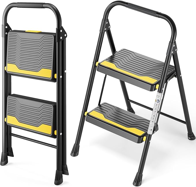 2 Step Ladder, Heavy-Duty Pass 800lb Capacity Test, Wide Anti-Slip Steps & Secure Handrail Compact, Folding Step Stool Portable Design for Home, Kitchen, Office, Pantry, Closet Use, Black