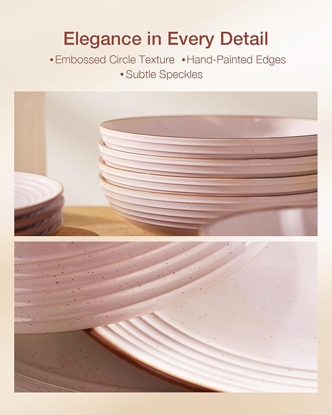 Famiware Jupiter Dinnerware Set, Plates and Bowls Dish Sets for 6 (18 Pieces), Microwave and Dishwasher Safe Stoneware Speckled Tableware, Chip and Scratch Resistant, Light Pink