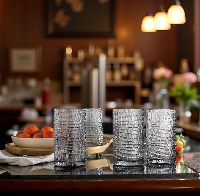 Glaver's Highball Glasses Set of 4 Smoke Drinking Glasses, 15 Ounce Crackle Textured Newly Designed Patent Glassware Heavy Bar Home Party Decor Black Kitchen Glasses, Water Juice Cocktails