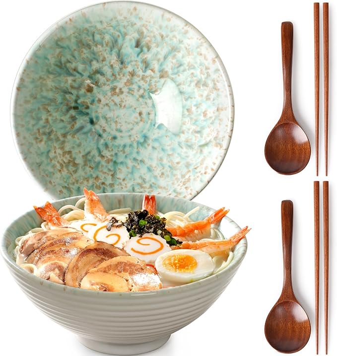 NUTRIUPS 8 Inch Ceramic Ramen Bowl Set of 2 Pho Bowls 40oz Japanese Noodle Udon Soup Bowls with Spoons and Chopsticks (Forest)