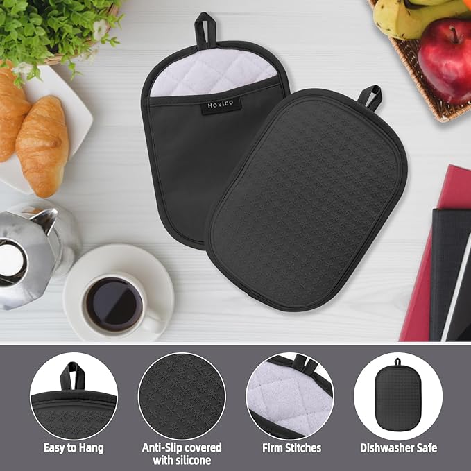 Hovico 2PCS Silicone Pot Holders, Oven Mitts Heat Resistant Hot Pads with Pockets, Non Slip Pot Holder for Kitchen Baking and Cooking| 9.8 x 7 Inches | Towel Cloth Interior Lining - Black