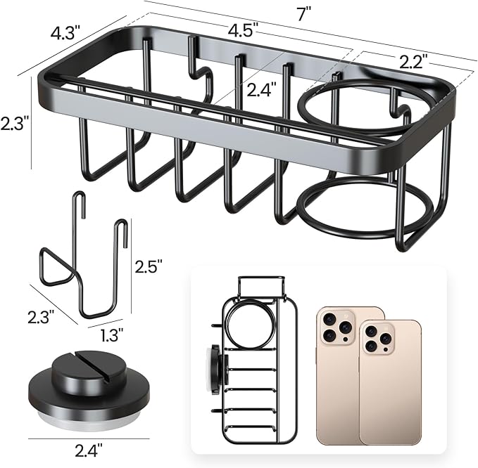 TAILI 4-in-1 Rustproof Sink Caddy & Sponge Holder with Removable Strong Suction Cup for Kitchen Sink - Black