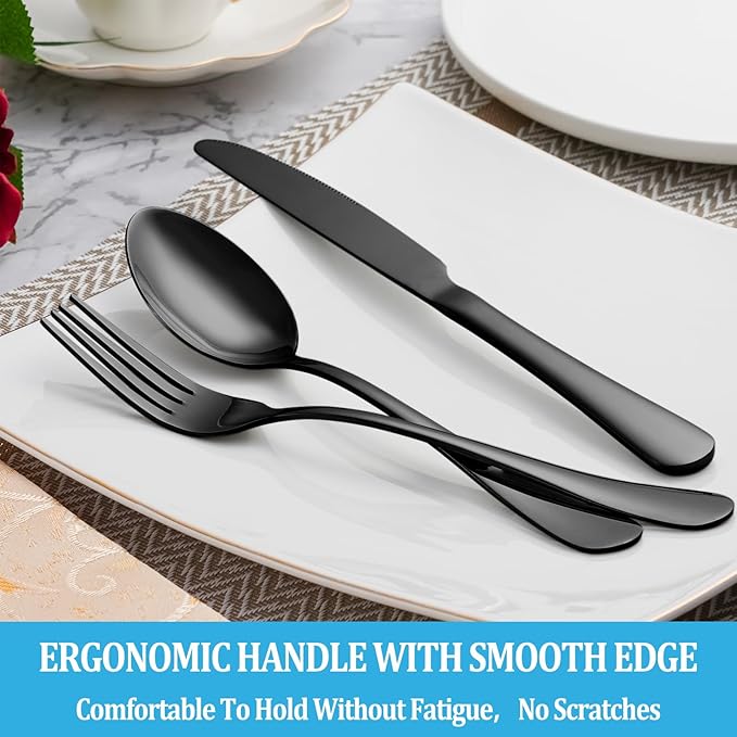 50 Pcs Black Silverware Set, Stainless Steel Flatware Set Service for 10, Mirror Polished Cutlery Utensil Sets, Durable Home Kitchen Eating Tableware Sets, Include Fork Knife Spoon, Dishwasher Safe