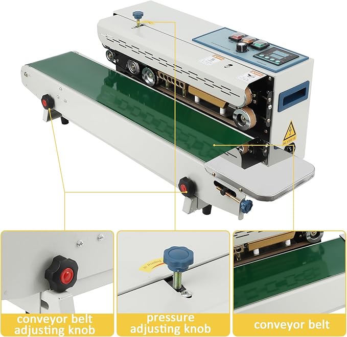 Continuous Band Sealer FR900K - Automatic 110V Horizontal Sealer with Digital Temperature Control for Commercial PP Aluminum Foil PVC Plastic Bags