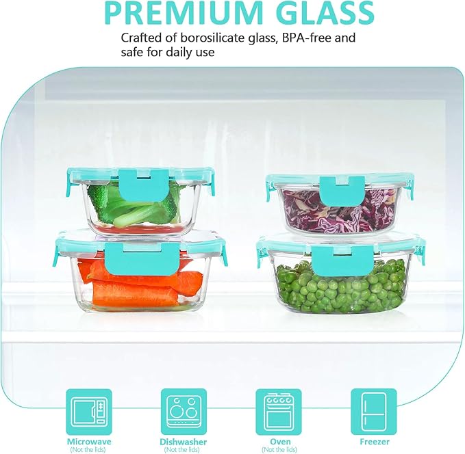 KOMUEE 24 Pieces Glass Food Storage Containers Set, Meal Prep Containers-Stackable Airtight Glass Storage Containers with lids,Freezer, Microwave, Oven Safe,Green