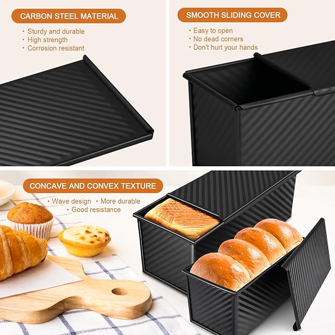 2Pack Bread Pan with Lids – 2.2 LB & 1 LB Dough Capacity, Non-Stick Carbon Steel Bread Pans for Homemade Sandwich and Sourdough Bread, Corrugated Toast Mold Black