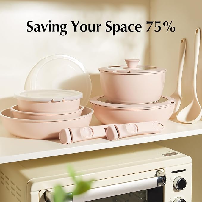 Redchef Pans and Pots Set Nonstick, Ceramic Cookware Set with Detachable Handles 16Pcs, Induction Dishwasher Oven Safe Kitchen Cooking Set, PFAS PFOA & PTFE Free, Pink