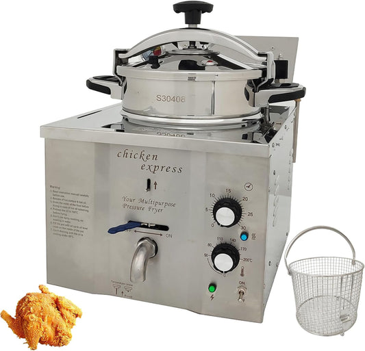 16L High Pressure Fried Chicken Stove Commercial Chicken Deep Fryer Electric Countertop Pressure Fryer with a Fitted Timer 110V 3KW