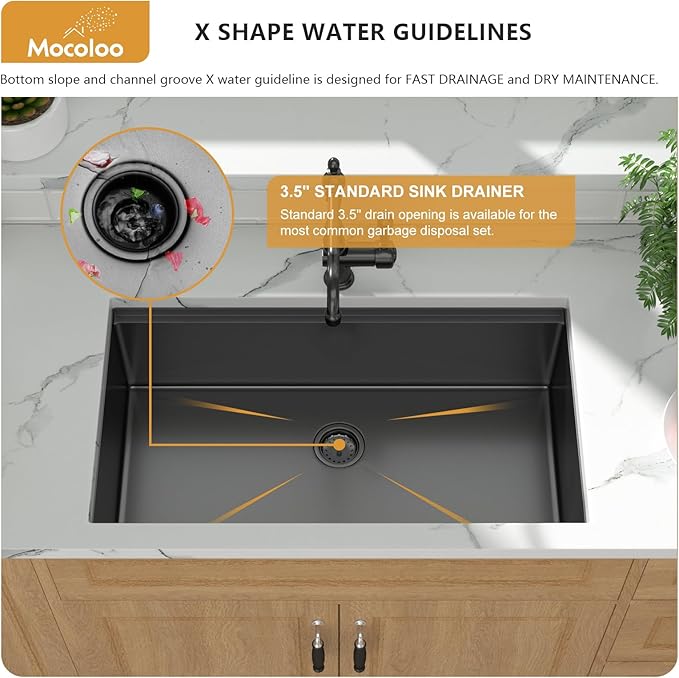 Mocoloo 32 Undermount Kitchen Sink - 32 x 19 Inch Black Kitchen Sink Workstation Gunmetal Black Stainless Steel 16 Gauge Deep Single Bowl 10'' Handmade Basin