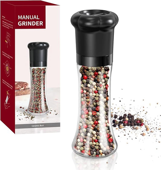 CIRCLE JOY Manual Pepper Grinder, Spice Mill for Professional Chef, Refillable Pepper Shakers with Ceramic Blades, Adjustable Coarseness and BPA-free 180ml Glass Container, Tall Black