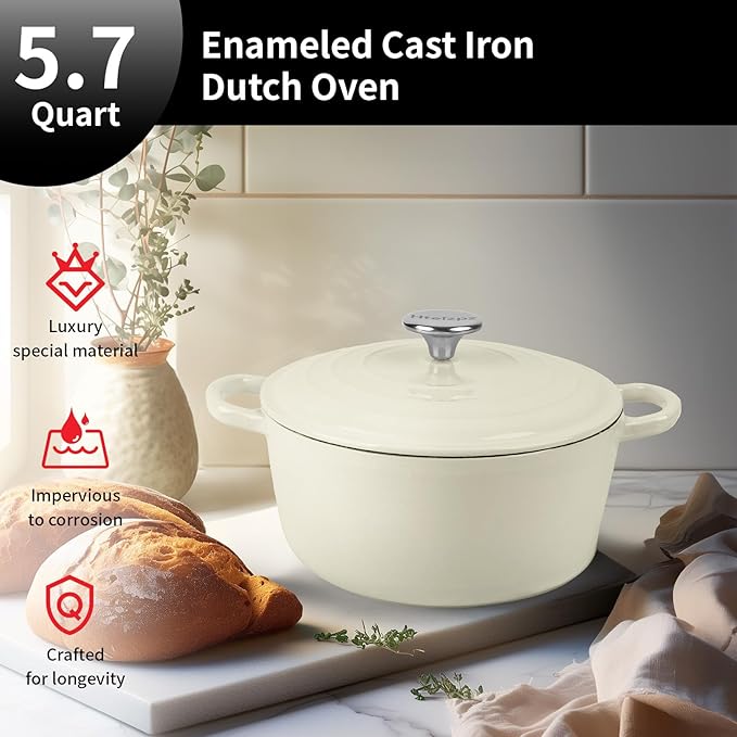 Enameled Cast Iron Dutch Oven Pot with Lid, 5.7 Quart Dutch Oven for Bread Baking, Oven Safe up to 500° F, Suitable for Bread Baking, Braising, Roasting, Stews, White