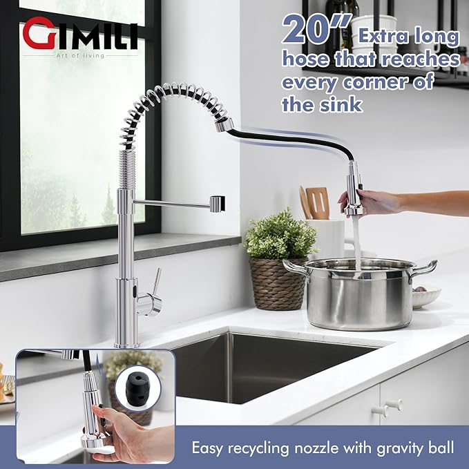 GIMILI Chrome Touchless Kitchen Faucet with Pull Down Sprayer, Motion Sensor Smart Hands-Free Activated Single Hole Spring Faucet for Kitchen Sink
