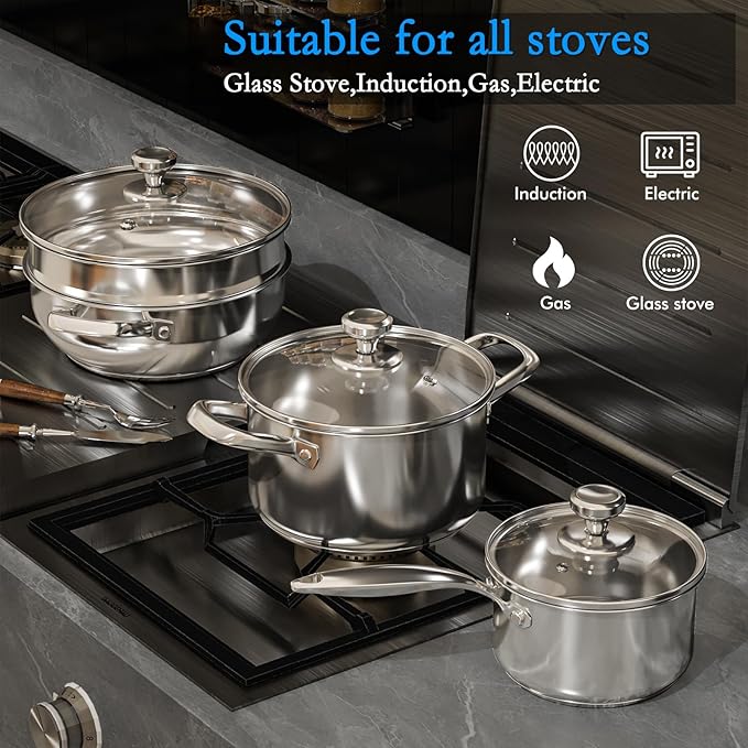 Pots and Pans Set,12-Piece Stainless Steel Cookware Set, Induction Ready Kitchen Cooking Set, Includes Saucepans, Stockpot, Steamer & Strainer Basket, Glass Lids, Dishwasher & Oven Safe