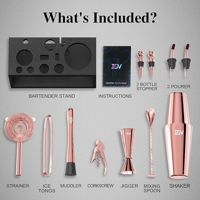 IOV Cocktail Shaker Set: 12-Piece Mixology Bartender Kit Bar Set | 18oz & 28oz Boston Shaker Drink Mixing Tools for Home with Recipe Booklet and Stand | Fun Housewarming Gift (Rose Gold)