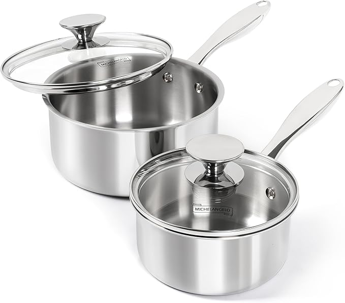 MICHELANGELO 1Qt & 2Qt Tri-ply Stainless Steel Saucepan Set, Small Cooking Pots with Tempered Glass Lids, Induction Ready, Oven & Dishwasher Safe, Multipurpose Sauce Pans for Home Kitchen & Restaurant