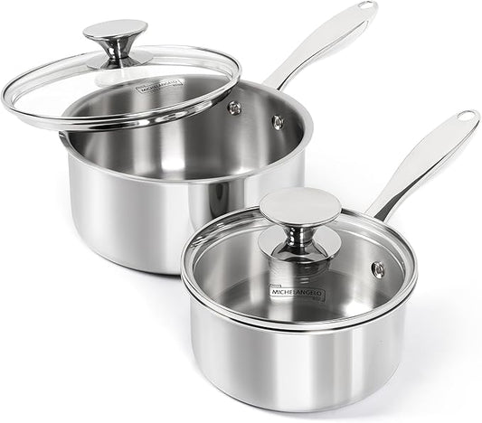 MICHELANGELO 1Qt & 2Qt Tri-ply Stainless Steel Saucepan Set, Small Cooking Pots with Tempered Glass Lids, Induction Ready, Oven & Dishwasher Safe, Multipurpose Sauce Pans for Home Kitchen & Restaurant