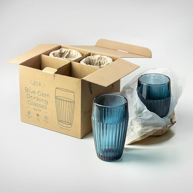 Blue Drinking Glasses Set Of 4-14 oz Vintage Aesthetic Colored Water Tumblers, Thick Glass Heavy Duty Ribbed Glassware, Retro Drinkware Home Bar Cocktail Cups, Kitchen Drink Cup Gift Sets