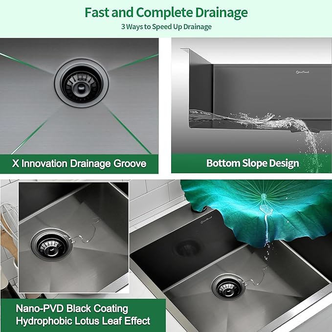 Drop In Kitchen Sink, 25 x 22 Inch Single Bowl Topmount Sink 16 Gauge T-304 Stainless Steel Gunmetal Black Kitchen Sinks