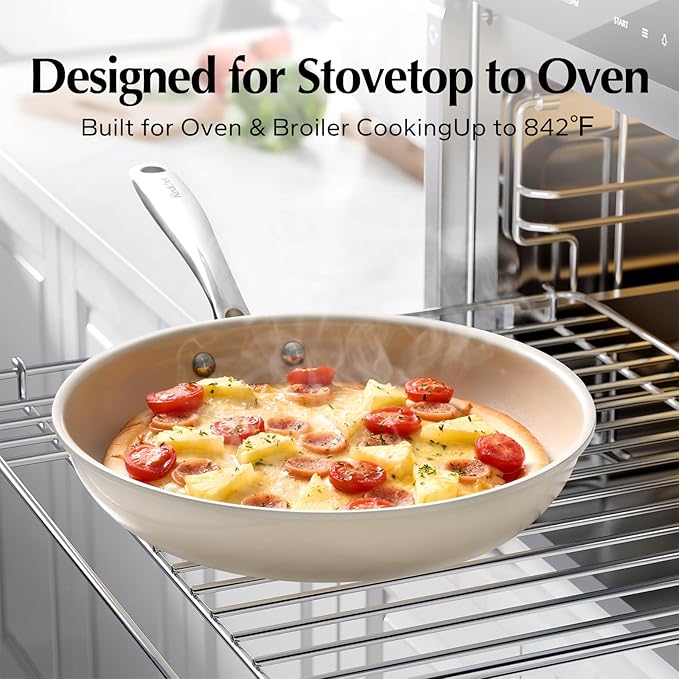 Redchef Ceramic Non Stick Egg Pans, Nonstick Frying Pan Skillet, 8 inch Cooking Pan Non Toxic with Stay Cool Handle for Induction, PTFE & PFAS & PFOA Free, Dishwasher/Oven Safe (Beige White)