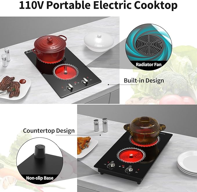 2 Burner Electric Cooktop - 12 Inch Electric Stove Top with Plug, 2100W Countertop Burners & Built-In Stove Top, 9 Levels of Power, Knob Control, Timer & Kid Safety Lock, Residual Heat Warning