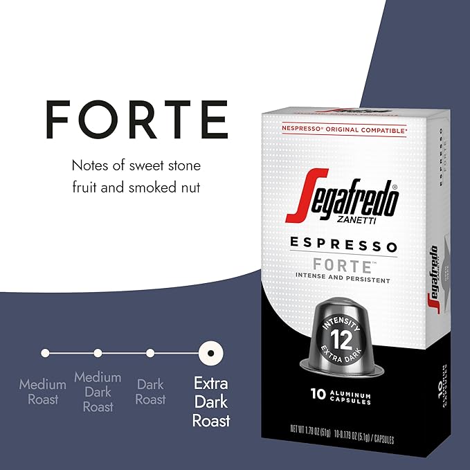 Segafredo Zanetti Espresso Capsules – Aluminum Pods for Nespresso Original Machines – Extra Dark Roast Premium Espresso with a Bold Aroma – Smoky, Intensity 12 – Forte, 10 Count (Pack of 4)