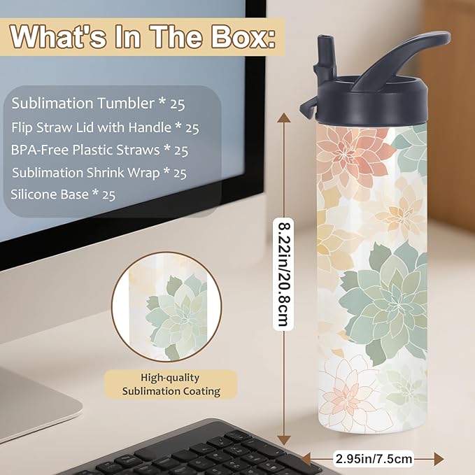 20 Oz Sublimation Tumbler Bulk Skinny Straight, 25 Pack Sublimation Water Bottles Blanks with Handle Straw Lid, Insulated Stainless Steel Tumbler Cup for Heat Transfer