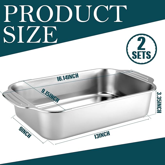 2 Pcs Stainless Steel Deep Baking Pans for Oven Rectangle Cake Pan Bakeware for Fish Cakes Breads Casseroles Vegetables Dishwasher Safe, 13 x 9 x 3. 35 Inch