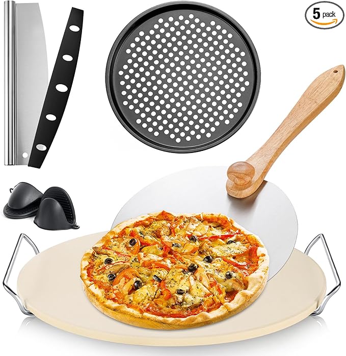 5-Piece Pizza Set: 13-Inch Round Pizza Stone for Oven & Grill with Rack, Cutter, Peel, Pan & Mini Mitts, Baking Stone for Bread