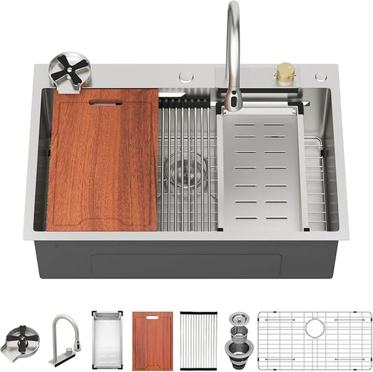 Lordear 33x22 Inch Waterfall Kitchen Sink Drop In 33 Inch Kitchen Sink With Faucet Smart Workstation Stainless Steel 16 Gauge Single Bowl with Glass Rinser Faucet and Built-in Accessories