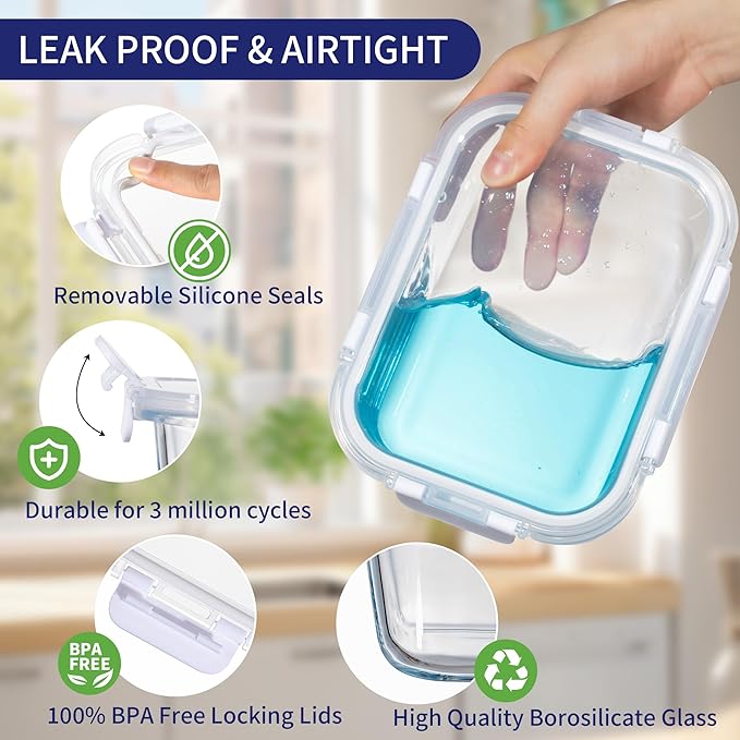 MFY 5-Pack 36 OZ Glass Storage Containers with Lids, Glass Meal Prep Containers Set, Airtight Lunch Containers with Lids, Microwave, Oven, Freezer and Dishwasher Safe, White