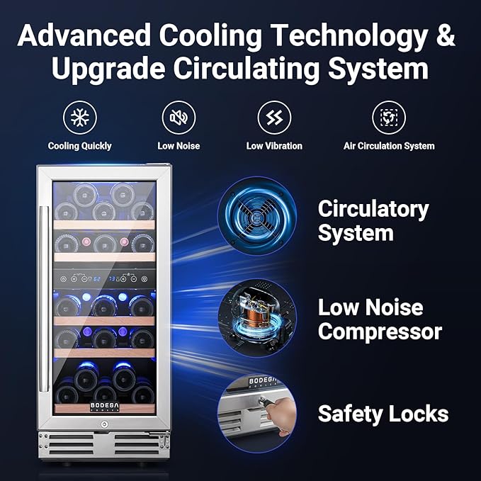 BODEGA 15 Inch Wine Cooler Dual Zone, 30 Bottle, Built-In or Under Counter Freestanding Wine Cooler Refrigerator With Stainless Steel Handle, Wine Fridge With Lock, Energy Efficient,For Home, Kitchen