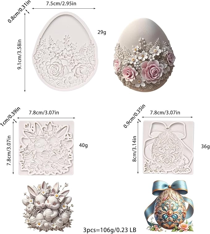 (Three-piece) Floral Easter Egg, Rabbit, Bowknot Fresh Flower Easter Egg, DIY Silicone Mold, Cake Chocolate Mold Wedding Cakeoration Tool Marshmallow Cake Mold