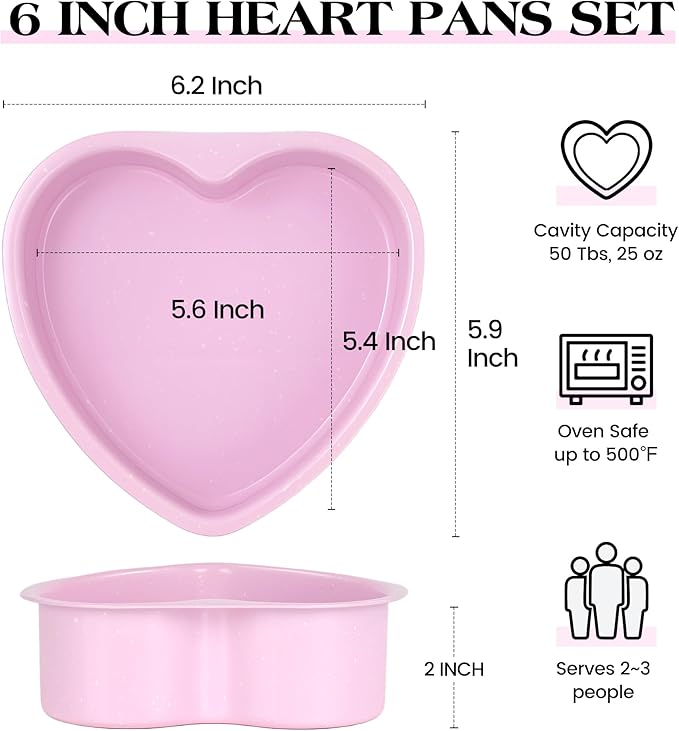 6 Inch Heart Shaped Cake Pans Set 2 Pack Nonstick Cake Pan for Baking Carbon Steel Small Heart Molds (Pink)