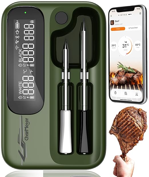 Wireless WiFi Meat Thermometer Digital, Versatile Unlimited Remote Range,Smart Bluetooth Cooking Thermometer with 2 Size BBQ Probes, Flexible Alarm APP LCD Screen for Grill, Air Fryer, Smoker and Oven