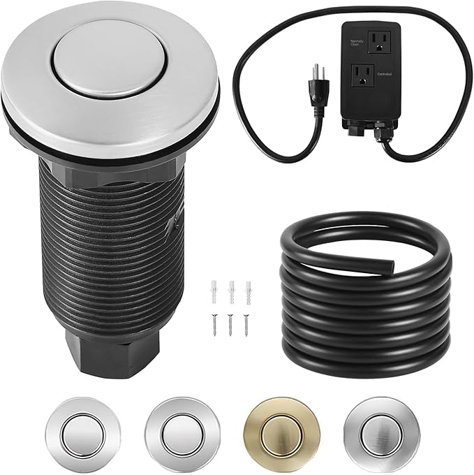 VEVOR Garbage Disposal Air Switch Kit, Dual Outlet Sink Top Air Switch for Food Waste Disposal, 3.5-inch Long Brushed Silver Stainless Steel ON/OFF Air Button for Granite, Marble, Quartz Countertops