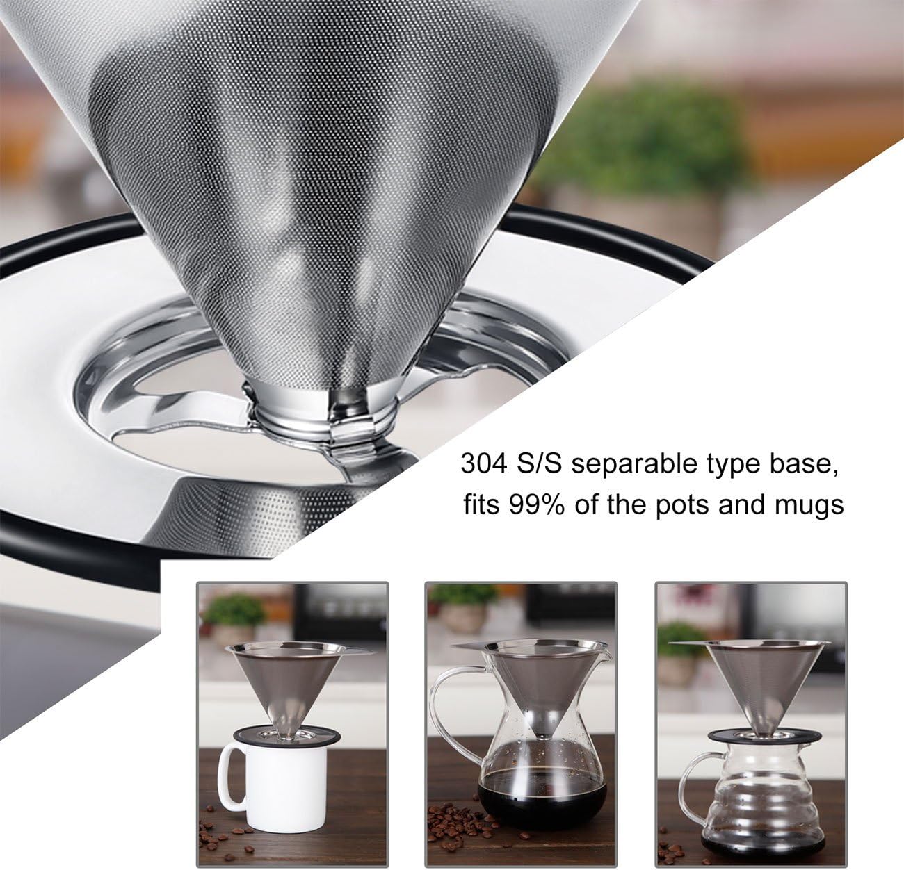 LHS Pour Over Coffee Dripper Stainless Steel Coffee Filter Metal Cone Filter Paperless Reusable Coffee Filter Single Cup Coffee Maker 1-4 Cup With Non-slip Cup Stand and Cleaning Brush