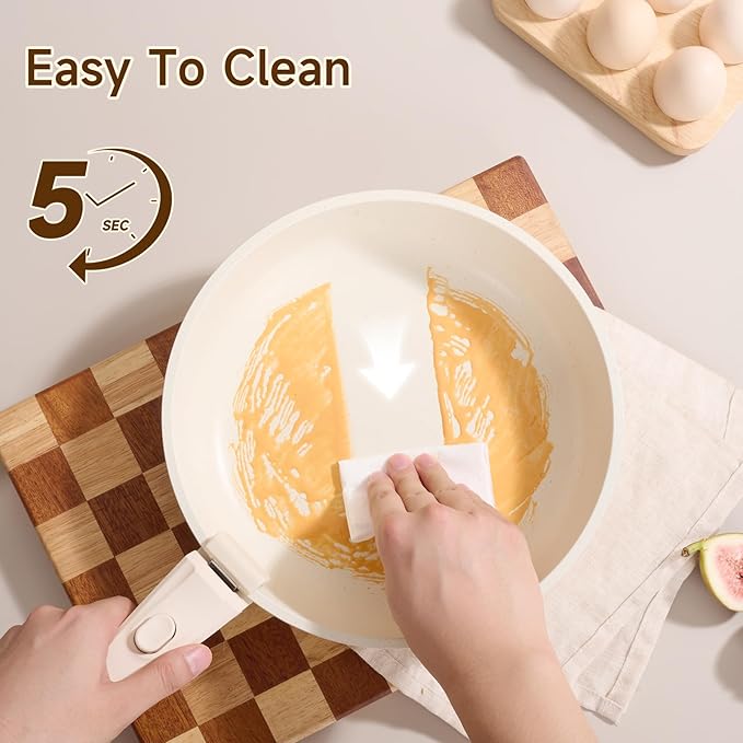 JEETEE Pots and Pans Set Non Stick 19pcs, Kitchen Cookware Sets with Detachable Handle, Induction Nonstick Cookware Set with Removable Handle, Stackable RV Cookware, Oven Safe, PFAS/PFOA Free, Beige