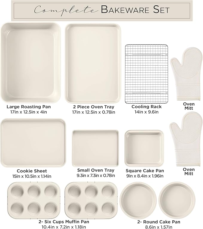 Country Kitchen Nonstick Stackable Bakeware Set - Durable, Easy Release Baking Set, Cream, 13 Pcs