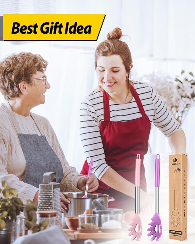 Pack of 2 Silicone Pasta Fork, Kitchen Heat Resistant Noodle Spoon Server, BPA Free Spaghetti Strainer, Best Cooking Tools (PINK-PURPLE)